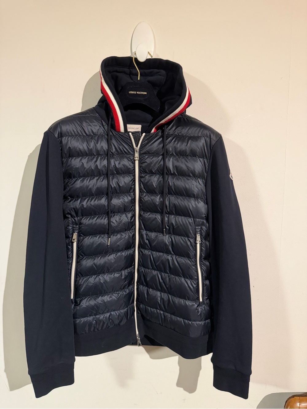 Moncler Men’s Navy Quilted Puffer Hoodie Jacket with Tricolor Trim